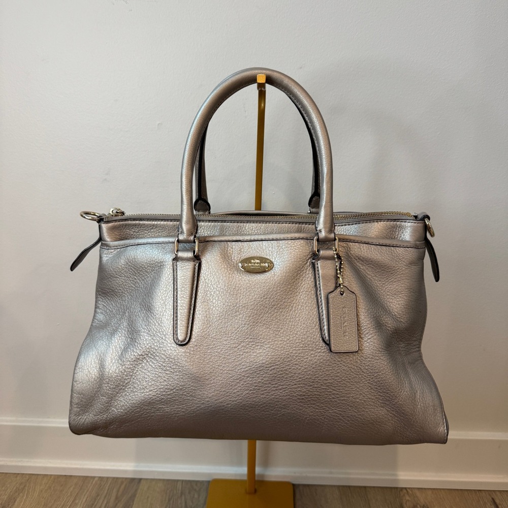 Coach Morgan Satchel Metallic Silver Pebble Leather Tote Handbag Gold Hardware